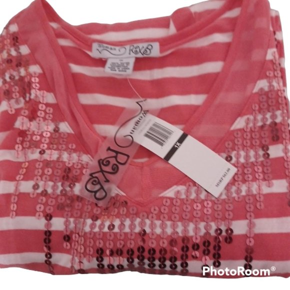Women's Plus Size Stripe V Neck T Shirt Orange White Striped Sequins NWT - Picture 8 of 11